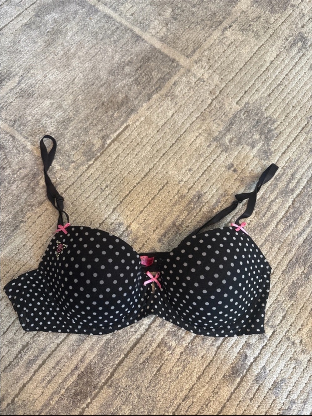Betsey Johnson Black Polka Dot Bra with bling Pink Accents 36B - Picture 1 of 6